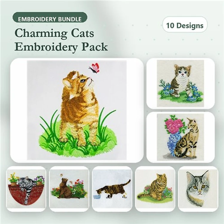 Charming Cats Embroidery Designs Bundle – Cat with Butterfly, Kitten in Flowers, Tabby Cat in Grass & More (10 Designs)