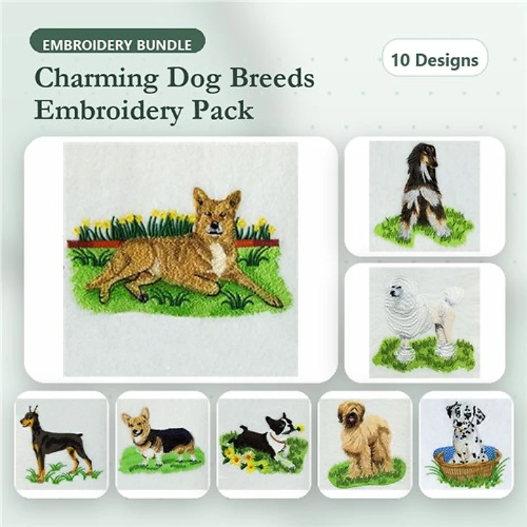 Charming Dog Breeds Embroidery Bundle – Coyote, Collie & More (10 Designs)