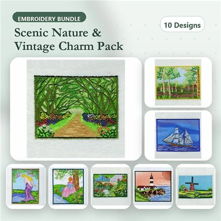 Scenic Nature Embroidery Designs Bundle – Wooded Pathway, Lighthouse by the Sea, Fishing Sailboat & More (10 Designs)