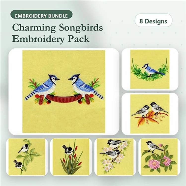 Birds & Flowers Embroidery Designs Bundle – Blue Jay Pair, Chickadee on Branch, Spring Flowers & More (8 Designs)