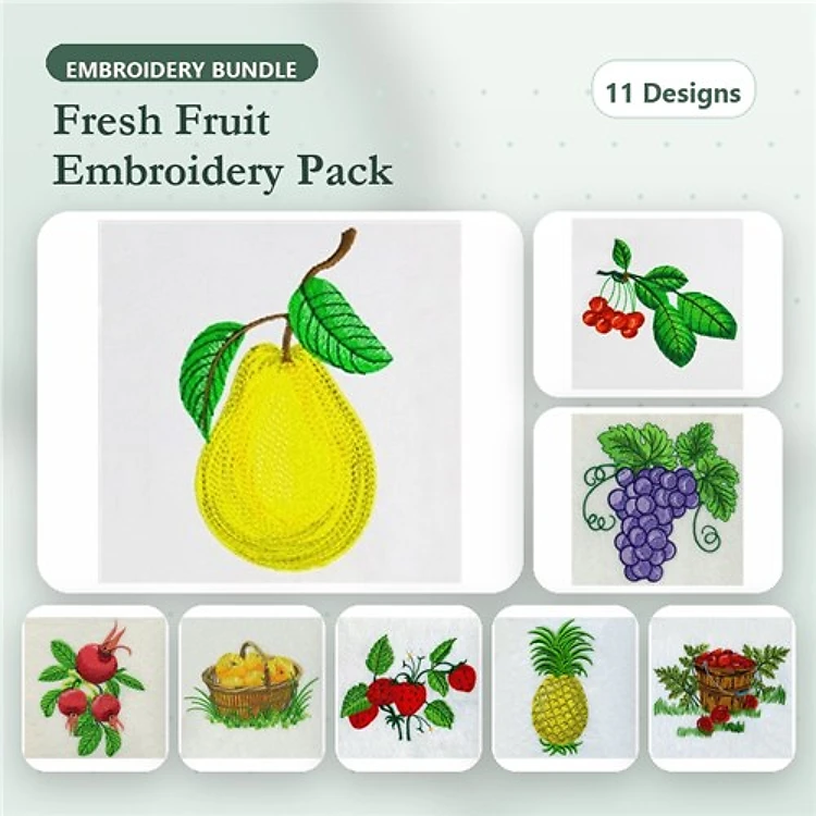Fresh Fruit Embroidery Designs Bundle – Pineapple, Grapes, Pear with Leaves & More (11 Designs)