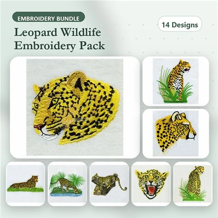 Leopard Wildlife Embroidery Designs Bundle – Leopard Head, Leopard Face, Leopard Walking & More (14 Designs)