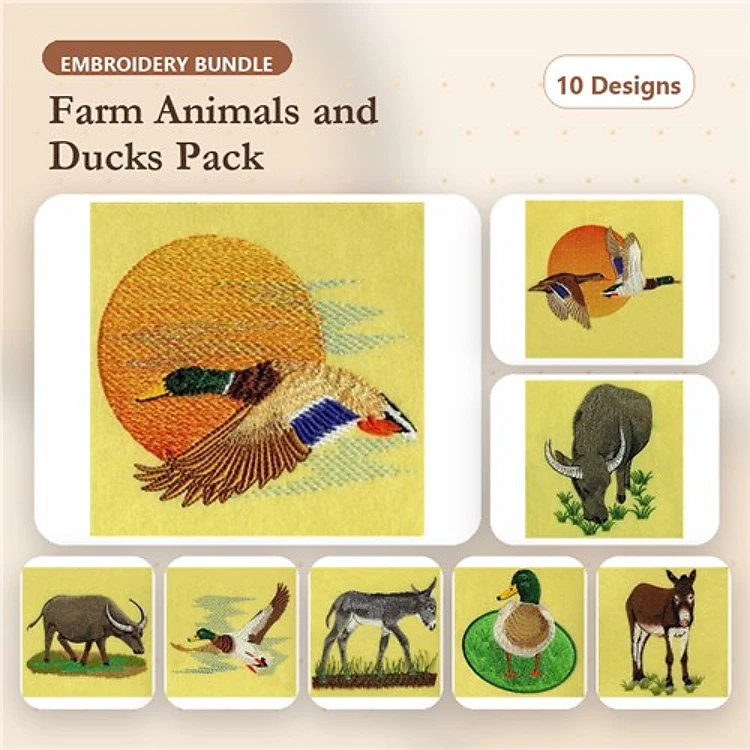 Farm Animal & Duck Embroidery Bundle – Mallard Duck, Cow, Horse, Goose & More (10 Designs)