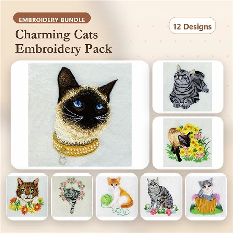 Charming Cats Embroidery Designs Bundle – Siamese Cat, Tabby Cat, Calico Cat & More (12 Designs)
