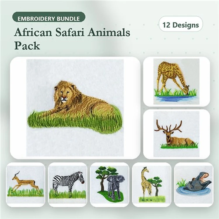 African Safari Animals Embroidery Bundle – Lion, Giraffe by Water, Zebra & More (12 Designs)