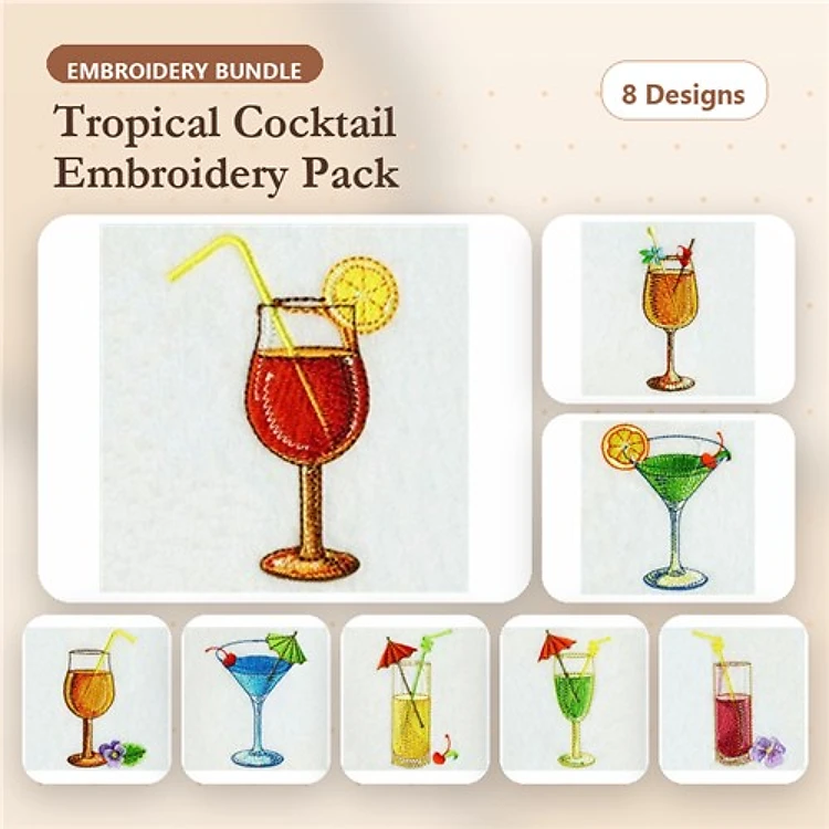 Tropical Cocktails Embroidery Designs Bundle – Cocktail with Lemon, Blue Tropical Drink, Martini Glass & More (8 Designs)