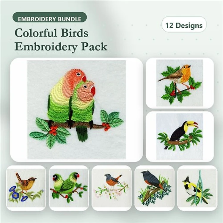 Colorful Birds Embroidery Designs Bundle – Lovebirds, Toucan, Yellow Bird & More (12 Designs)