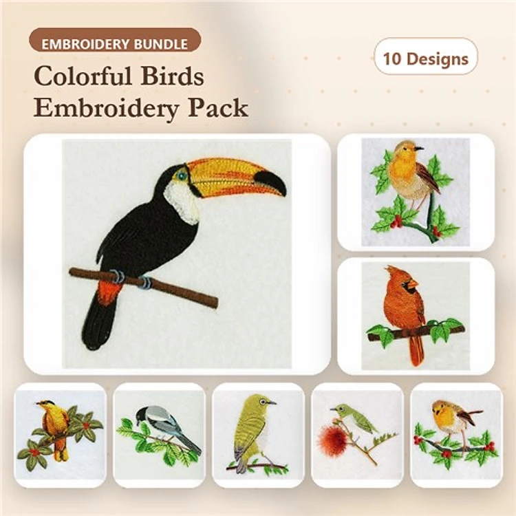 Colorful Birds Embroidery Designs Bundle – Toucan, Cardinal, Yellow Warbler & More (10 Designs)