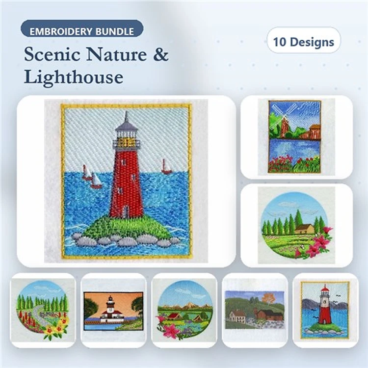 Lighthouse & Scenic Nature Embroidery Designs Bundle – Lighthouse by the Sea, Mountain Lake Scene, Coastal View & More (10 Designs)