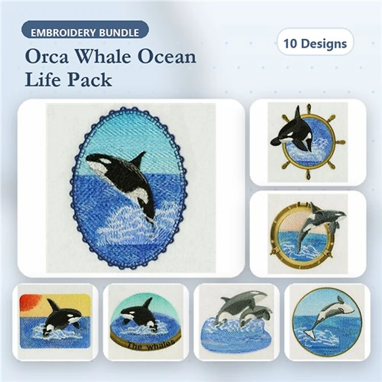 Orca Whale Ocean Life Embroidery Designs Bundle – Orca Whale in Ocean, Dolphin Jumping & More (10 Designs)