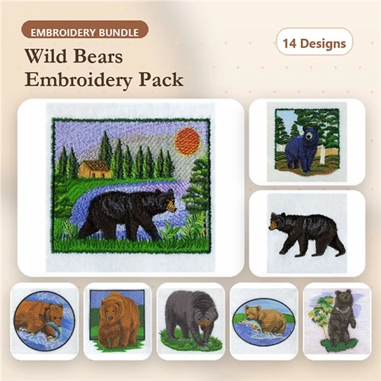 Wild Bears Embroidery Designs Bundle – Black Bear Scene, Grizzly Bear Portrait, Bear Family & More (14 Designs)