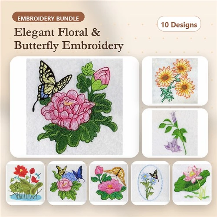 Floral and Butterfly Embroidery Bundle – Pink Rose with Butterfly, Sunflower, Purple Bellflower & More (10 Designs)