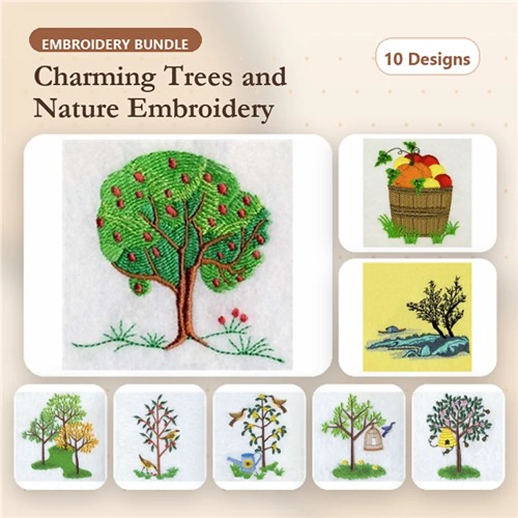 Trees and Nature Embroidery Designs Bundle – Apple Tree, Pine Tree, Willow Tree & More (10 Designs)
