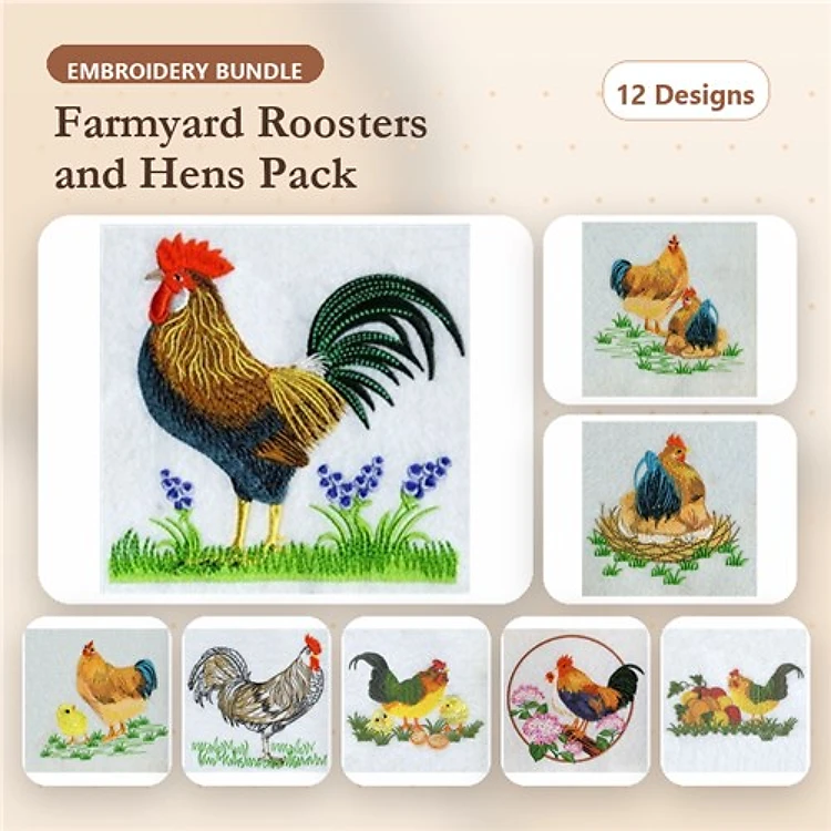 Farmyard Roosters & Hens Embroidery Designs Bundle – Rooster with Flowers, Chicken in Nest, Hen with Chicks & More (12 Designs)