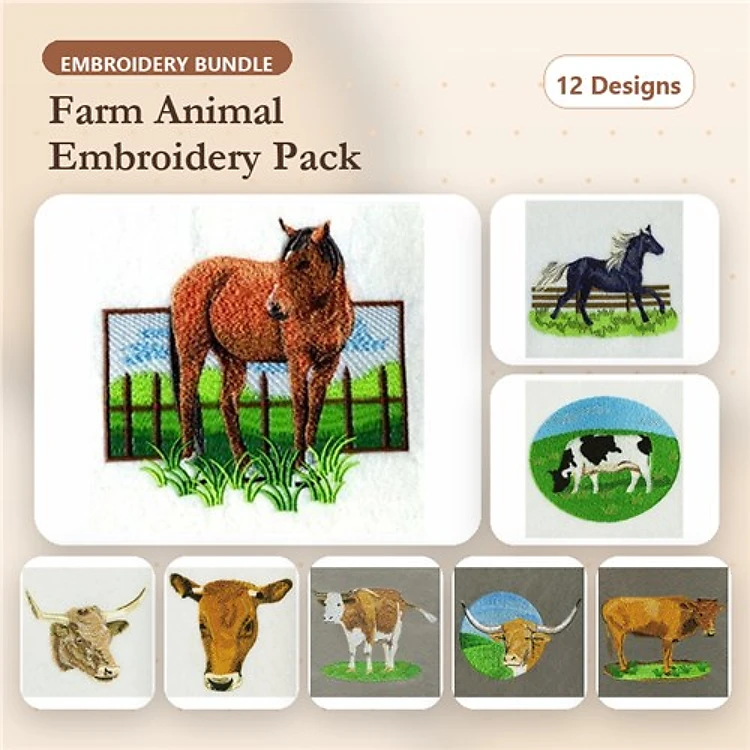 Farm Animal Embroidery Bundle – Brown Horse, Holstein Cow, Angus Cow & More (12 Designs)