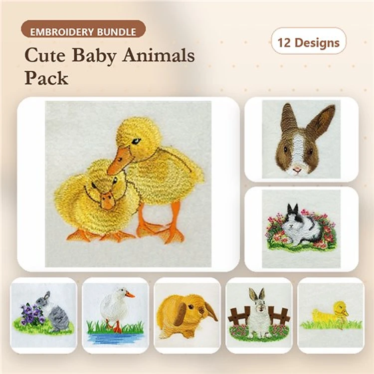 Cute Baby Animals Embroidery Designs Bundle – Duckling Duo, Bunny Rabbit, Fluffy Bunny & More (12 Designs)