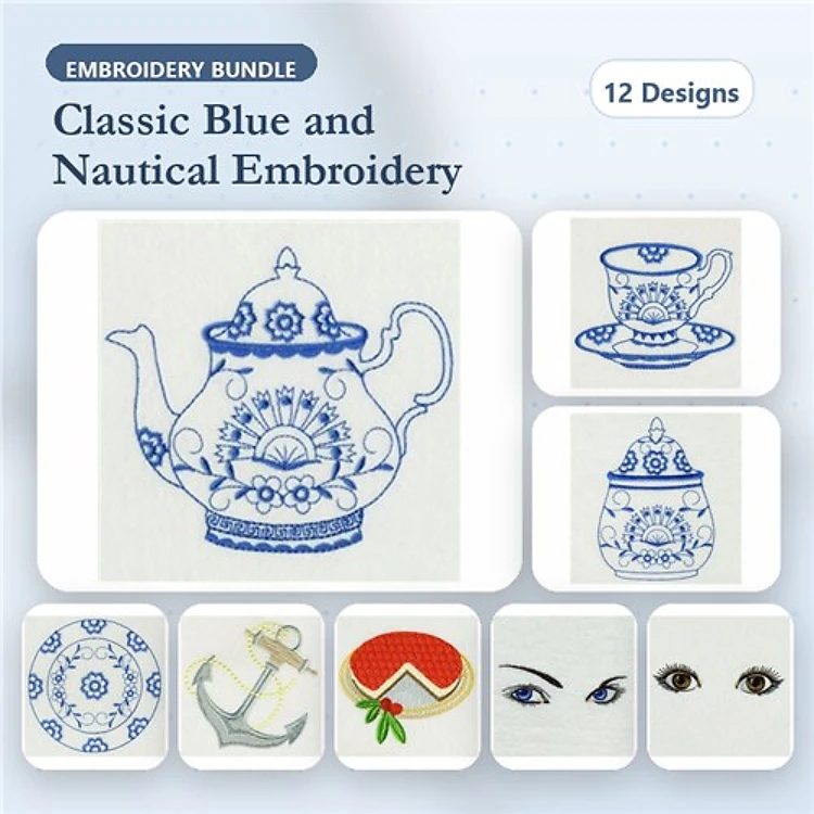 Classic Blue and Nautical Embroidery Designs Bundle – Teapot, Tea Cup, Nautical Anchor & More (12 Designs)