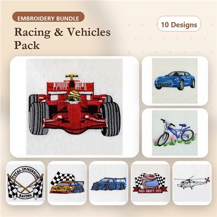 Racing & Vehicles Embroidery Designs Bundle – Race Car, Sports Car, Motorcycle & More (10 Designs)