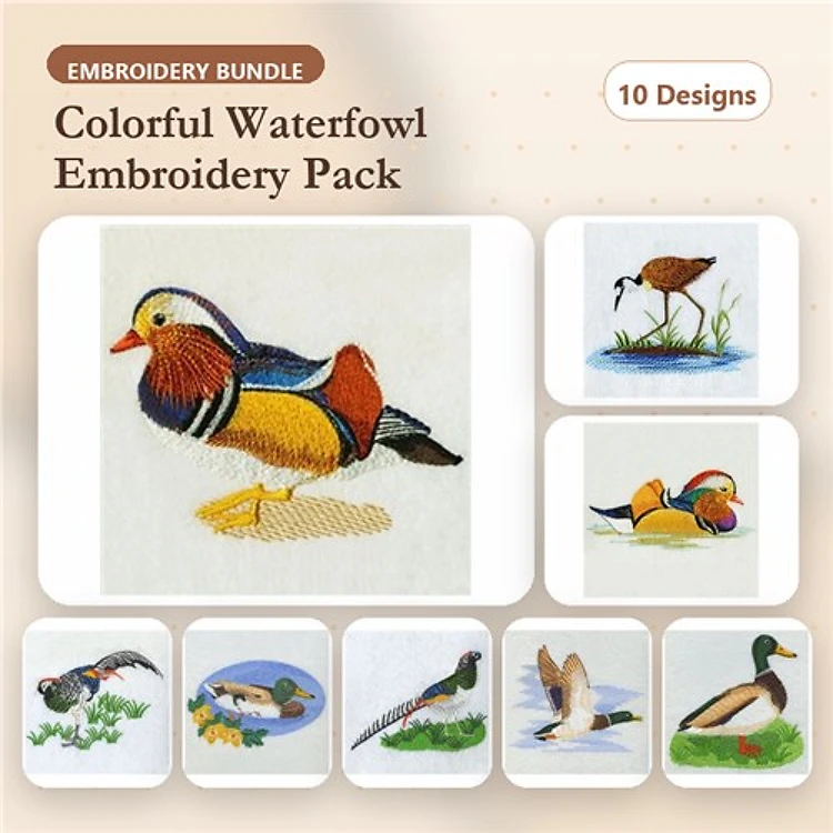 Colorful Waterfowl Embroidery Designs Bundle – Mandarin Duck, Mallard Duck, American Robin & More (10 Designs)