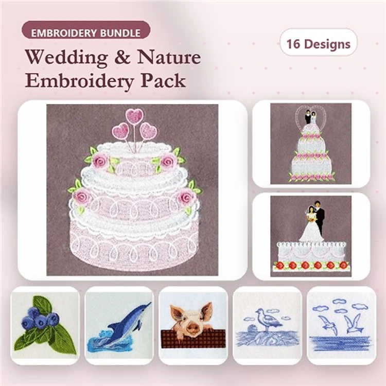 Wedding & Nature Embroidery Designs Bundle – Wedding Cake, Bride and Groom, Dolphin & More (16 Designs)