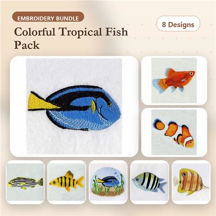 Colorful Tropical Fish Embroidery Designs Bundle – Blue Tang, Goldfish, Clownfish & More (8 Designs)