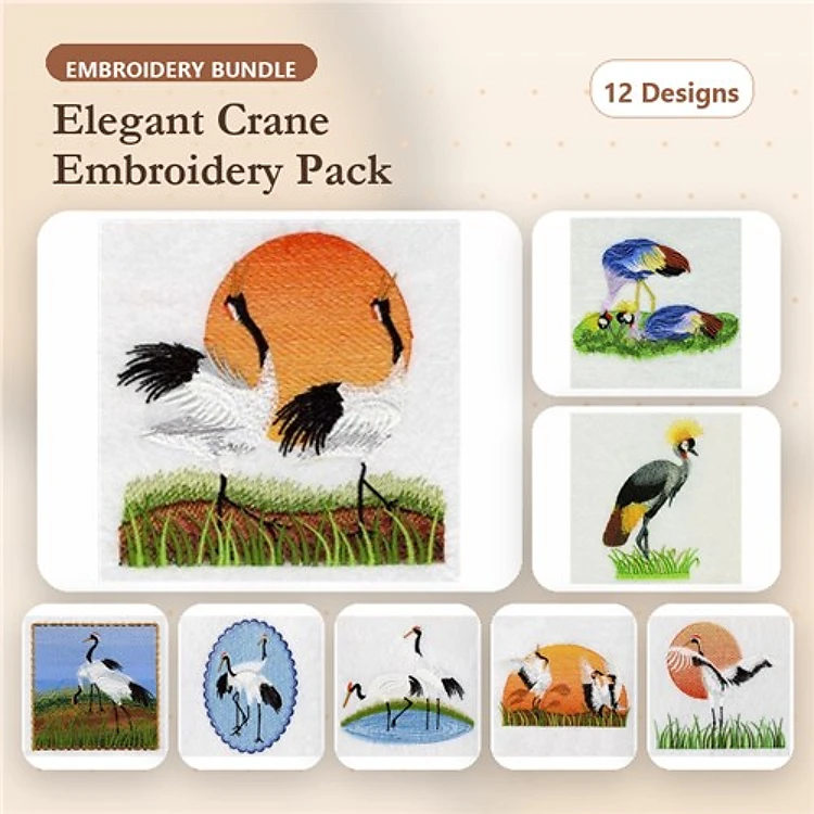 Elegant Cranes Embroidery Designs Bundle – Cranes with Orange Sunset, Cranes in Grass, Crane with Colorful Feathers & More (12 Designs)