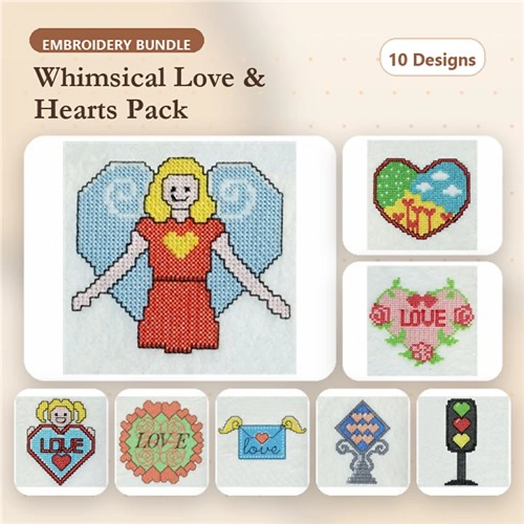 Cross Stitch Embroidery Designs Bundle – Girl with Hearts, Heart with Flowers, Love Banner & More (10 Designs)