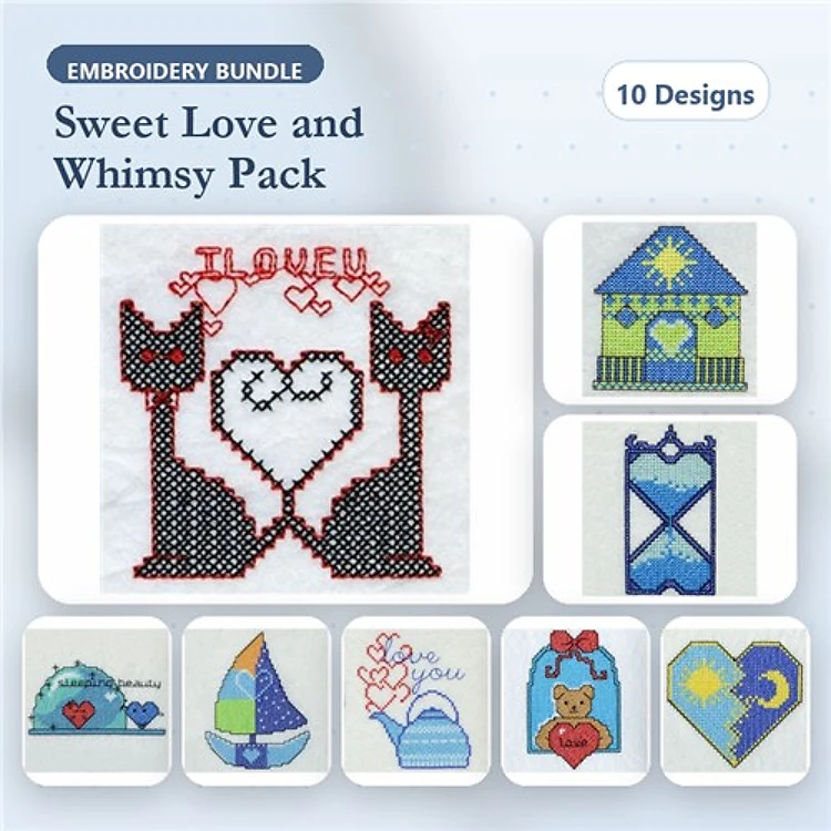 Cat & Heart Embroidery Bundle – Sweet Love and Whimsy (10 Designs)