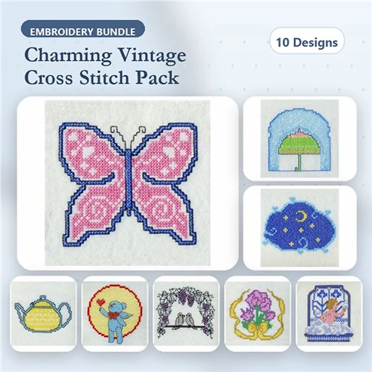 Charming Vintage Themes Embroidery Designs Bundle – Butterfly, Teapot, Hedgehog, Greenhouse & More (10 Designs)