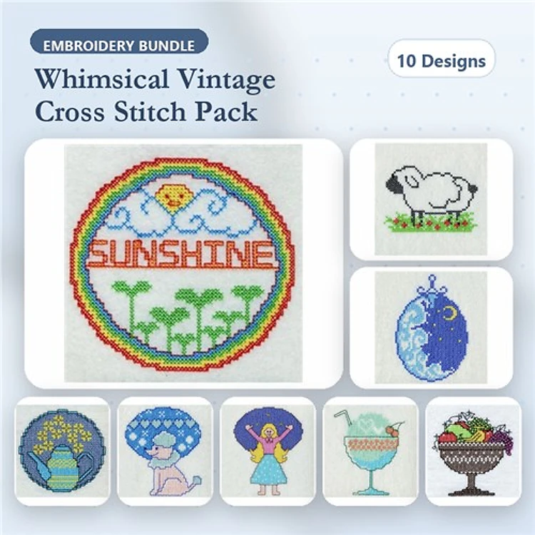 Cross Stitch Whimsical Vintage Embroidery Designs Bundle – Sunshine, Sheep, Blue Egg & More (10 Designs)