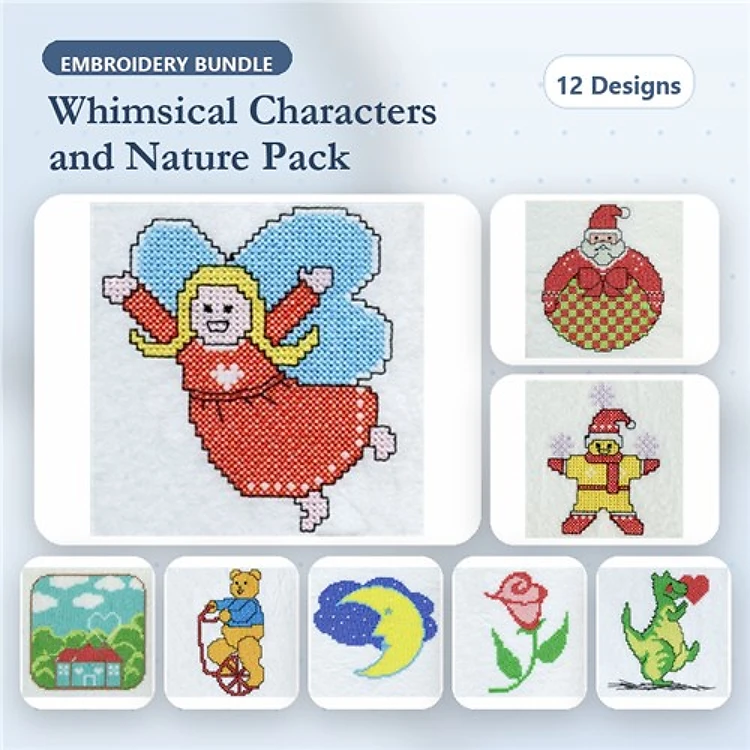 Cross Stitch Embroidery Bundle – Angel with Wings, Santa Claus, Teddy Bear on Bicycle & More (12 Designs)