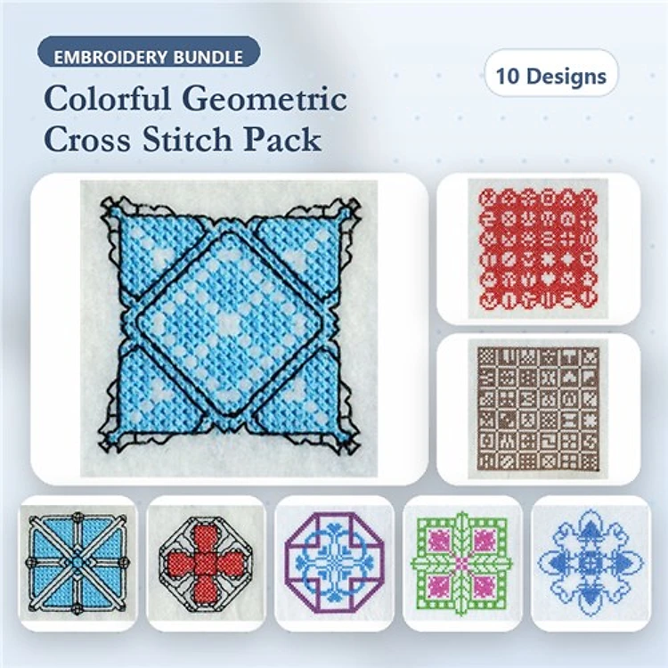 Cross Stitch Colorful Geometric Patterns Embroidery Designs Bundle – Blue Geometric, Red Geometric, Black and White & More (10 Designs)