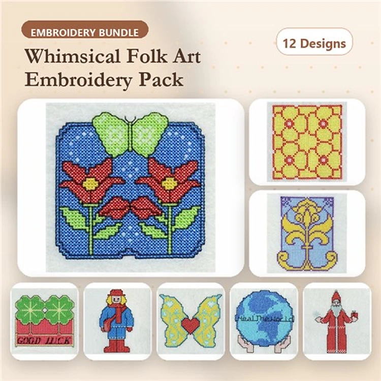 Cross Stitch Whimsical Folk Art Embroidery Bundle – Butterfly Floral Design, Nested Flowers, Ornate Floral Motif & More (12 Designs)