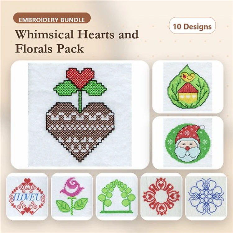 Cross Stitch Hearts and Floral Embroidery Designs Bundle – Whimsical Heart, Birdhouse, Santa & More (10 Designs)
