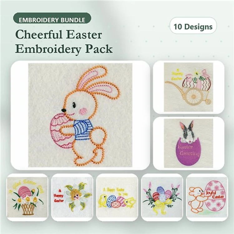 Easter Bunny & Egg Embroidery Designs Bundle – Easter Greetings, Bunny with Flowers, Cute Bunny & More (10 Designs)