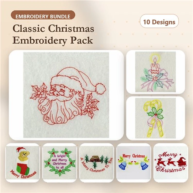 Redwork Christmas Embroidery Designs Bundle – Santa with Holly, Christmas Candle, Candy Cane & More (10 Designs)