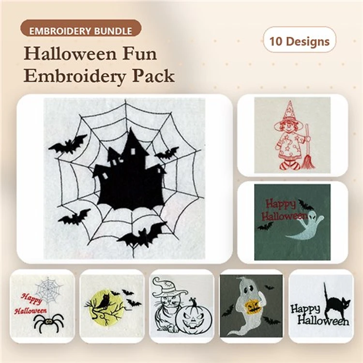Halloween Embroidery Designs Bundle – Haunted House, Witch, Happy Halloween Ghost & More (10 Designs)