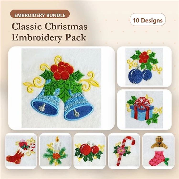 Christmas Decorations Embroidery Designs Bundle – Christmas Bells, Gift Box, Stocking & More (10 Designs)