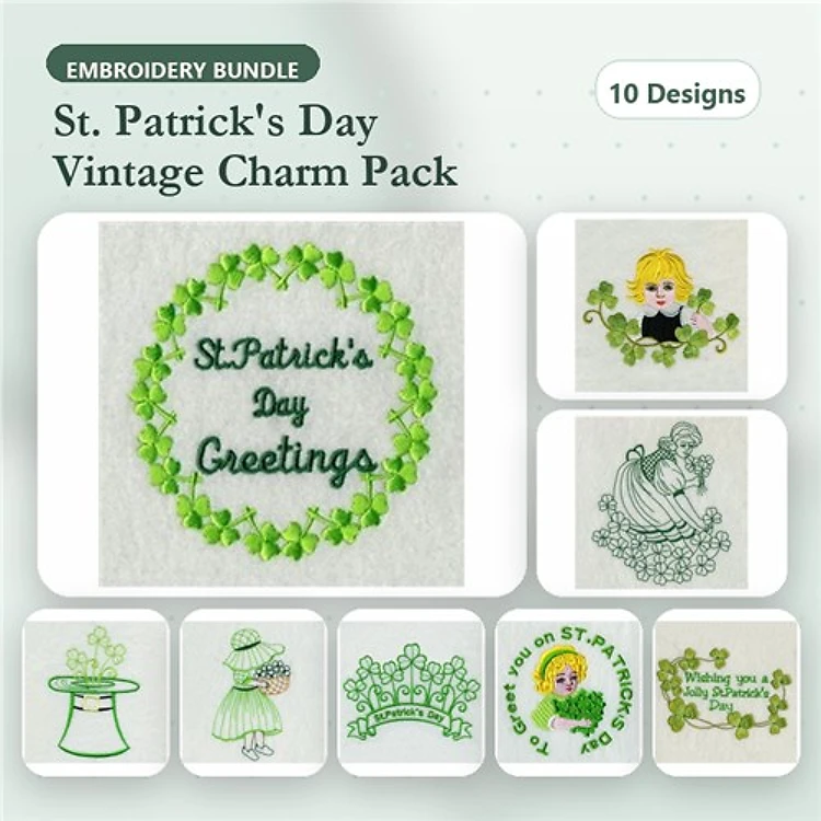 Shamrock & Leprechaun Embroidery Designs Bundle – St. Patrick's Day Greetings, Pot of Gold, & More (10 Designs)