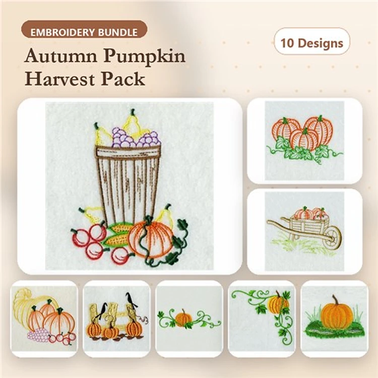 Autumn Harvest Embroidery Designs Bundle – Pumpkin Basket, Pumpkin Cart, Three Pumpkins & More (10 Designs)