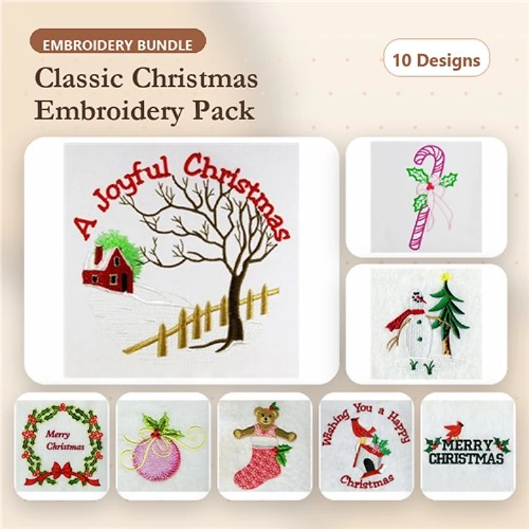 Classic Christmas Embroidery Designs Bundle – Joyful Christmas, Snowman, Christmas Tree & More (10 Designs)