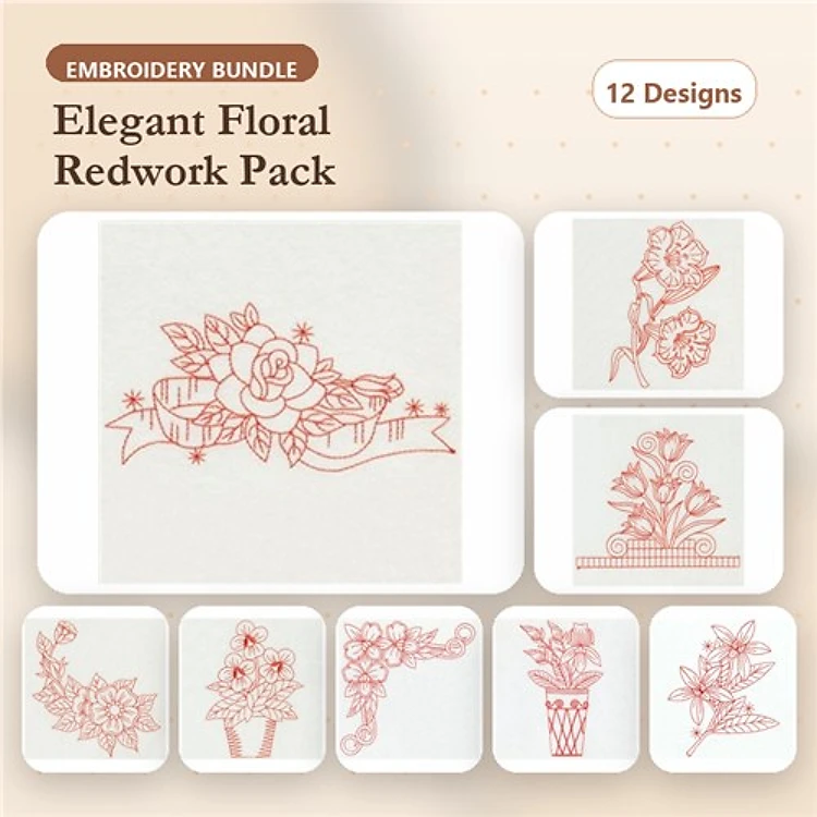 Redwork Elegant Floral Embroidery Designs Bundle – Rose Bouquet, Floral Banner with Roses, Flower Arrangement & More (12 Designs)
