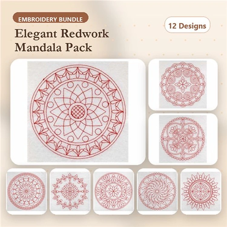Redwork Elegant Mandalas Embroidery Designs Bundle – Mandala Design 1, Mandala Design 2, Mandala Design 3 & More (12 Designs)