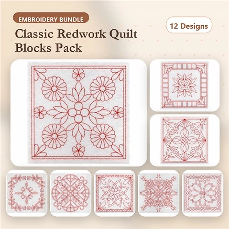 Redwork Quilt Block Embroidery Bundle – Floral Quilt Block 1, Geometric Quilt Block 2, Ornate Quilt Block 1 & More (12 Designs)