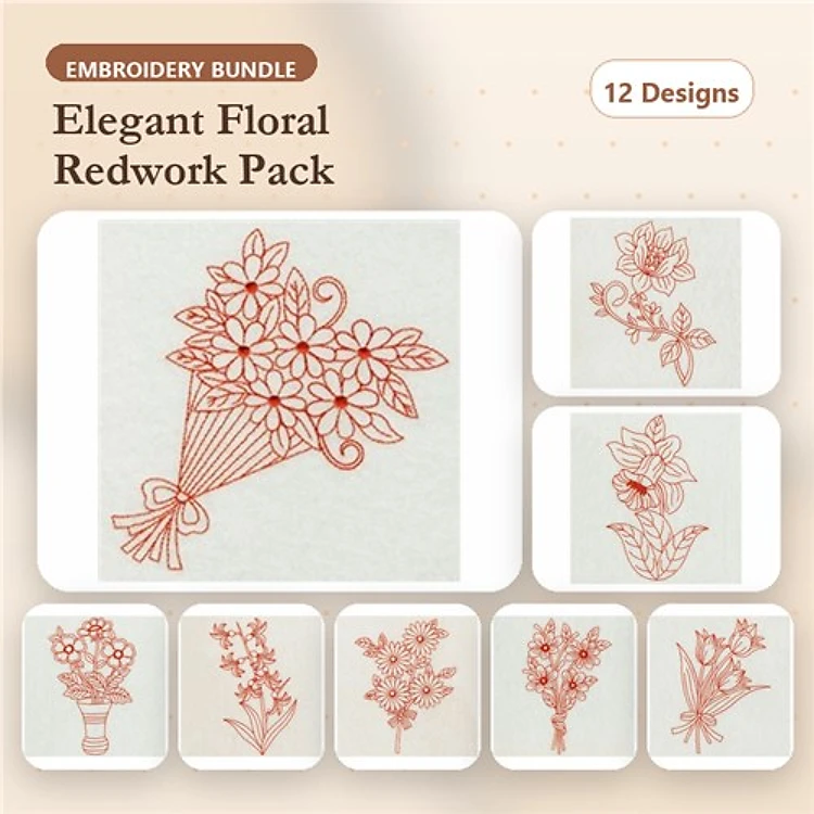 Redwork Floral Embroidery Designs Bundle – Flower Bouquet, Tulip Arrangement, Vase of Flowers & More (12 Designs)