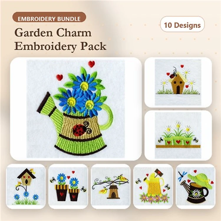 Garden Charm Embroidery Bundle – Watering Can with Flowers, Birdhouse, Garden Gnome & More (10 Designs)
