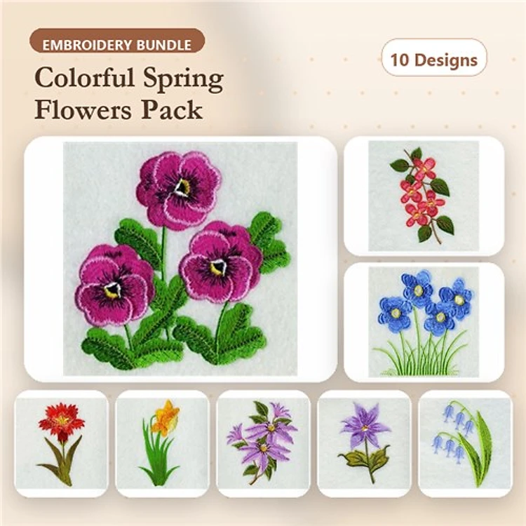 Colorful Spring Flowers Embroidery Designs Bundle – Purple Pansies, Red Flower Bouquet, Blue Forget-Me-Nots & More (10 Designs)