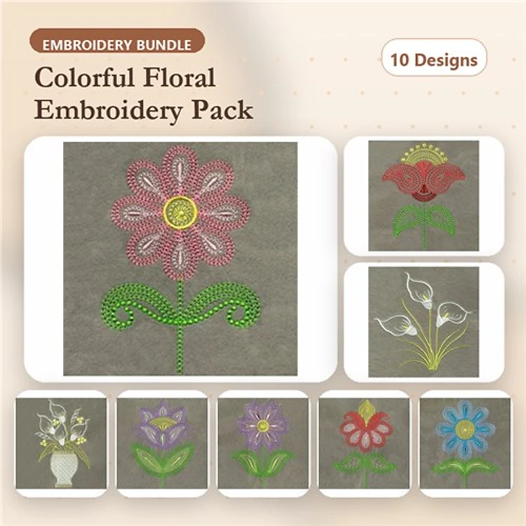 Colorful Floral Embroidery Designs Bundle – Large Flower with Stem, Red Flower, Calla Lily & More (10 Designs)