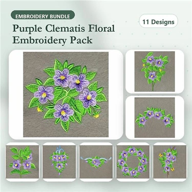 Floral Designs Embroidery Bundle – Purple Clematis Bouquet, Clematis Wreath, Clematis Floral Spray & More (11 Designs)