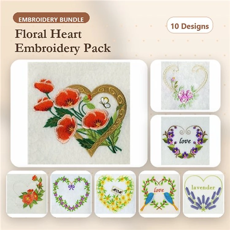 Floral Heart Embroidery Bundle – Poppy Heart, Lavender Heart, Rose Heart with Love & More (10 Designs)